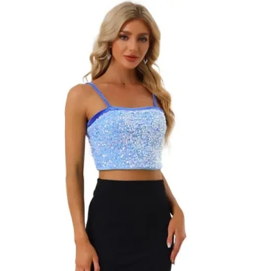 Allegra K Women's Velvet Spaghetti Strap Club Party Crop Sequined Cami Top image {12}