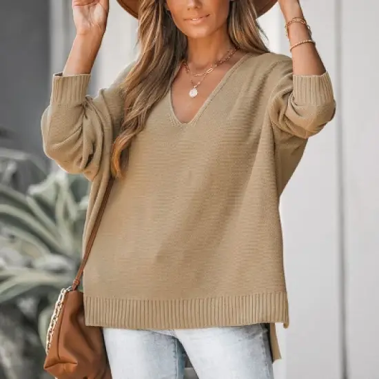 Women's V Neck Split Trim Oversized Sweater - Cupshe -Light Brown image {3}