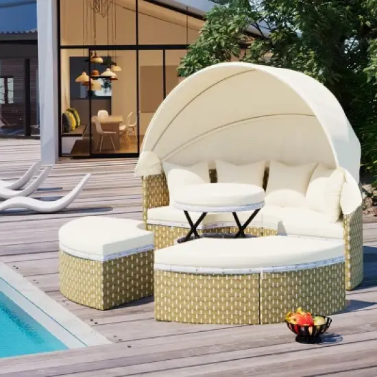 Round Two-Tone Rattan Weave Daybed Sunbed,Outdoor Patio Fabric Upholstered Sectional Sofa,Pool Chaise Lounge with Retractable Canopy-Coolbibila image {1}