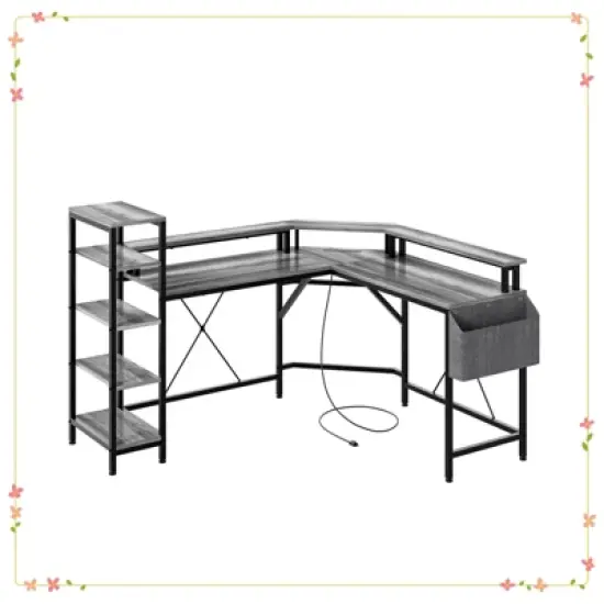 61 Inch L Shaped Home Office Gaming Desk with Outlets - Built-in LED Lights & 5-Shelf System image {9}