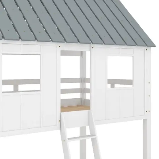 Twin over Twin Low Bunk Beds with House Shaped Roof and Guardrail, White-ModernLuxe image {9}