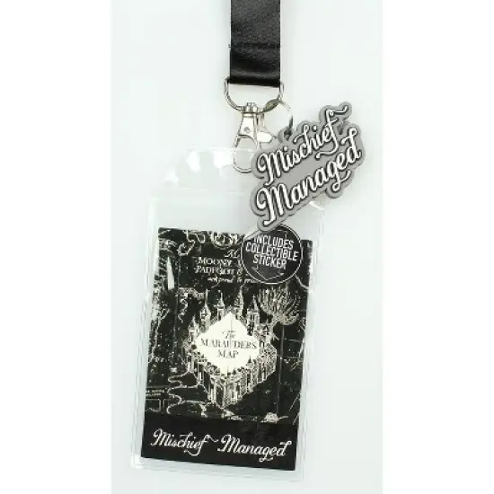 Harry Potter Mischief Managed Marauders Map ID Lanyard Badge Holder With 2" Rubber Charm Pendant And Collectible Sticker Black image {1}