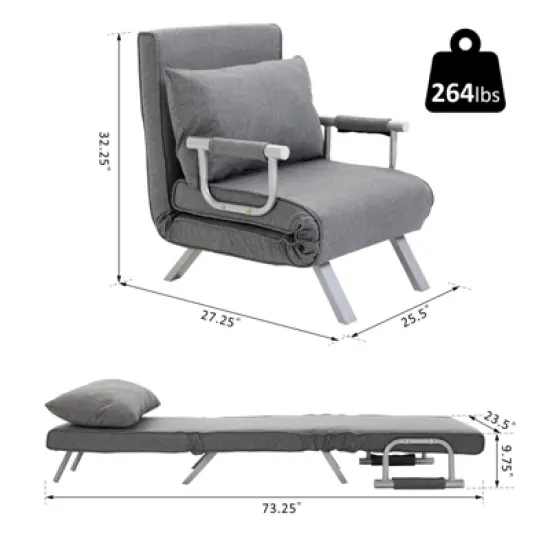 HOMCOM Single Person Folding 5 Position Convertible Sofa Bed Sleeper Chair Chaise Lounge Couch w/Pillow & Steel Frame for Home office, Light Gray image {6}