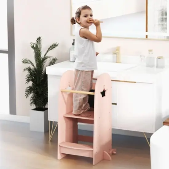 Costway Multi-purpose Kids Kitchen Tower Children Standing Tower Kids Stool Helper White/Pink image {3}