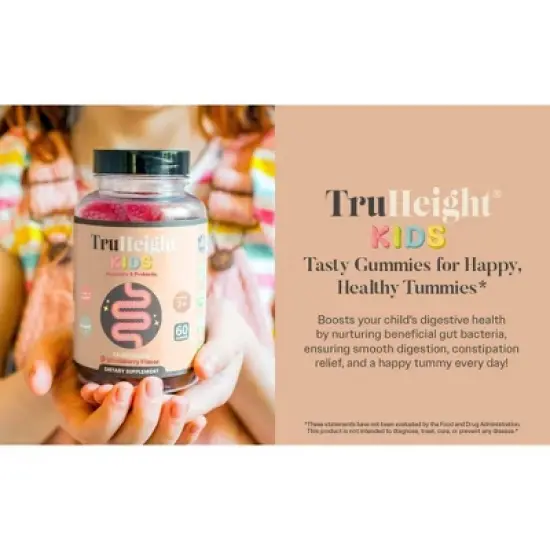 TruHeight Kids Prebiotic & Probiotic Gummies Ages 2+ (Strawberry Flavor) Toddler & Kids Natural Supplement for Digestive, Gut & Constipation Relief image {7}