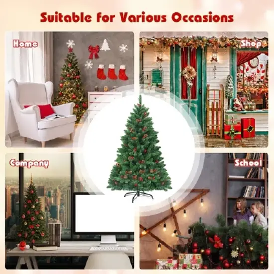 Costway 4.5Ft\6.5Ft\7.5Ft Pre-lit Hinged Christmas Tree w/ Pine Cones Red Berries and 300\450\450 LED Lights image {5}