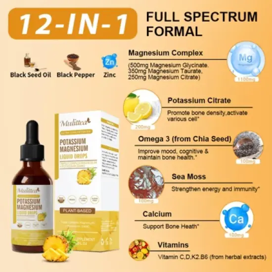 Mulittea Potassium Magnesium Liquid Supplement - Plus Calcium, Vitamin C, Zinc for Bone & Energy & Immune Support - 2 Fl oz(Pineapple flavor) image {7}