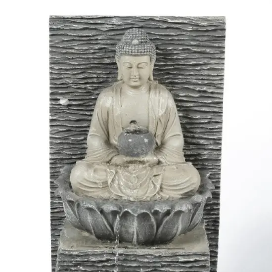 LuxenHome Gray Resin Meditating Buddha with Pedestal Outdoor Fountain with LED Light image {2}