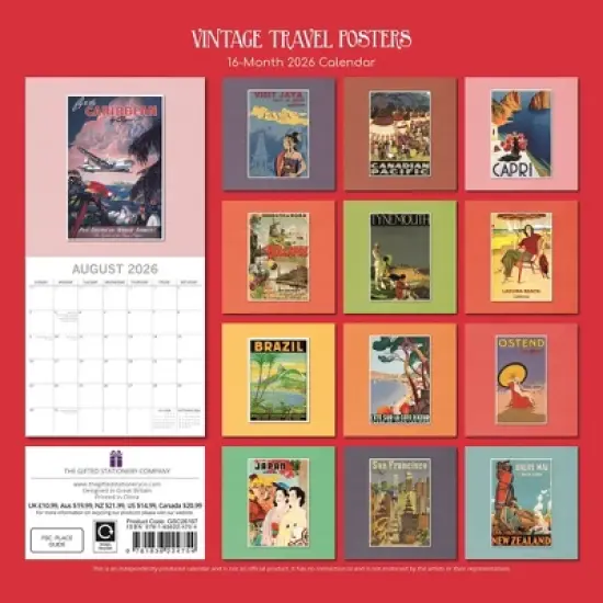 2026 Square Wall Calendar, Vintage Travel Posters, 16-Month Arts & Antiques Theme with 180 Reminder Stickers (12x12 In) image {3}