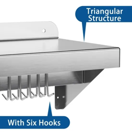12"x24" Stainless Steel Shelf,Multifunctional Metal Wall Mounted Shelf with 2 Stainless Steel Backsplashs and 5 Hooks image {2}