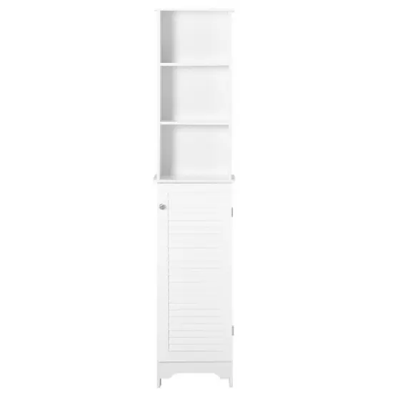 HOMCOM Tall Bathroom Storage Cabinet/Freestanding Linen Tower with 3-Tier Open Adjustable Shelf and Cupboard, White image {3}