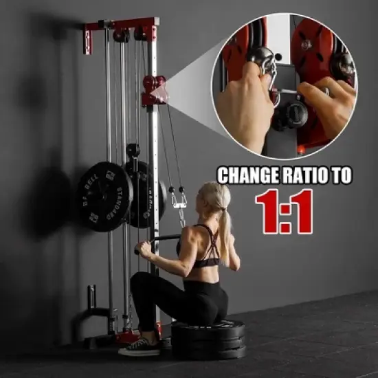 ER KANG Cable Station Wall Mount, Cable Machine with Dual Pulley System, LAT Pull-Down & LAT Row LAT Tower, Home Gym Cable Crossover(Red) image {2}