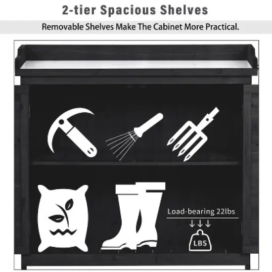 Whisen Rustic Outdoor Potting Bench Table, Garden Workstation with 2-Tier Shelves and Side Hook image {2}