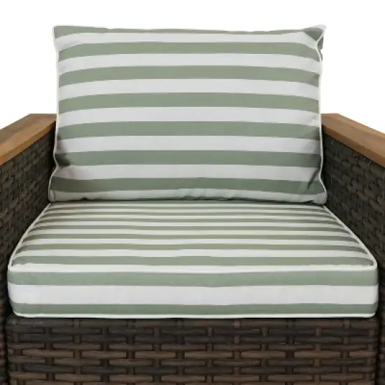 Sunnydaze Outdoor Rattan and Acacia Wood Kenmare Patio Conversation Furniture Set with Loveseat, Chairs, Table, and Seat Cushions - Green Stripe - 4pc image {4}