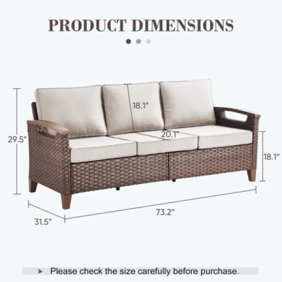Belord Outdoor Sofa Patio Couch, All Weather Brown Wicker 3-Seater Outdoor Furniture Sofa with Dark Brown Hand-Brushed Arms & Comfort 4" Cushion image {3}