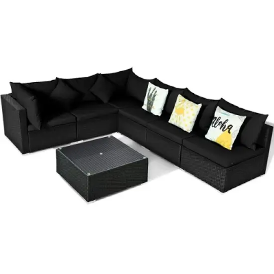 Costway 7PCS Patio Rattan Sofa Set Sectional Conversation Furniture Set Garden Black image {6}