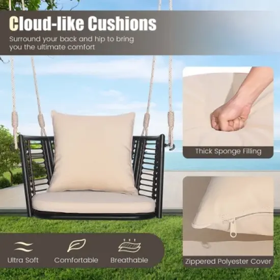 Costway Patio Hanging Rattan Basket Chair Swing Hammock Chair with Seat Cushion image {7}