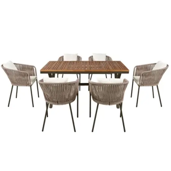 FIONECA 7-Piece Patio Dining Set with Acacia Wood Tabletop & Metal Frame, Outdoor Furniture with Cushioned Chairs for Garden, Backyard, Balcony, Beige image {9}