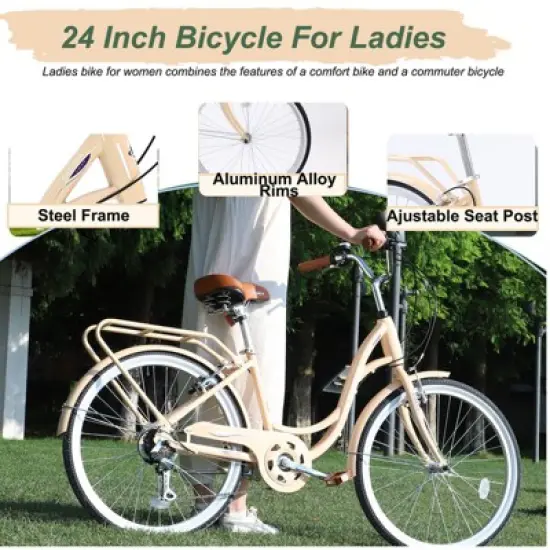 Aukfa Women's Beach Cruiser Bike 24 Inch ， 7 Speed with Dual V Brakes and Adjustable Seat, Adult City Bike image {4}