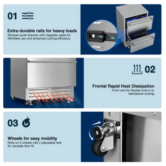 SOZT 23.4 in. 4.9 cu. ft. Stainless Steel Built-In Under Counter Drawer Beverage Fridge with Double Drawer image {5}