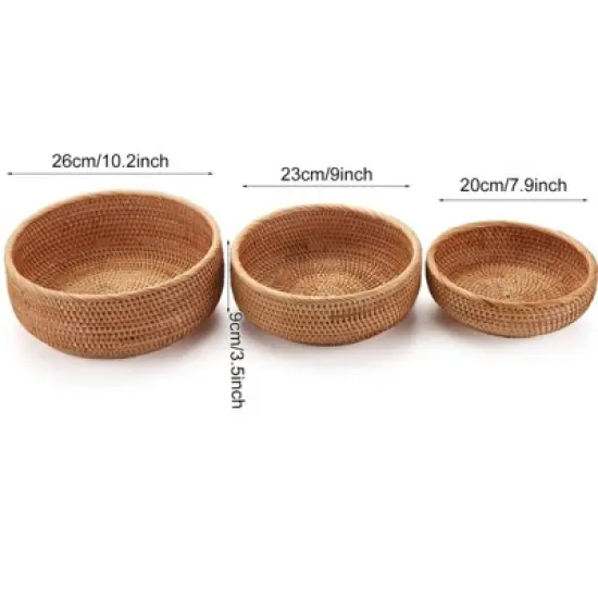 BRINJOY 3-Piece Stackable Round Rattan Basket Set - Natural Woven Storage Bowls for Fruits, Keys, Kitchen Counter (10.2", 9", 7.9") image {2}