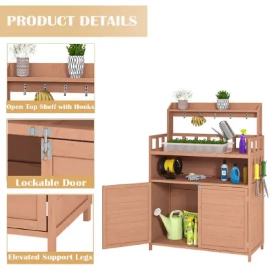 Outdoor Potting Bench with Storage Cabinet & Hooks,Solid Wood Gardening Work Table for Patio-The Pop Home image {4}