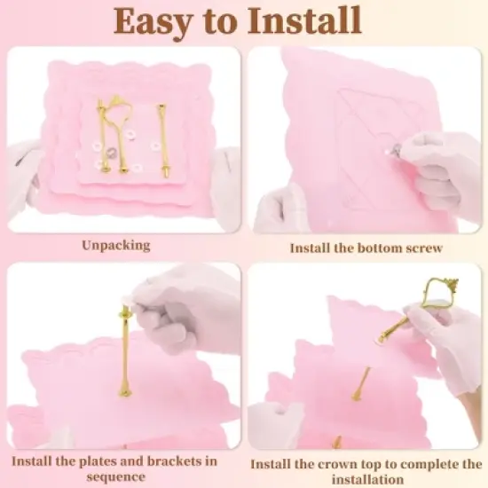 Unique Bargains 3 Tier Dessert Cupcake Stand Square with Tiered Serving Tray for Donuts Fruits Pink Gold Tone image {3}