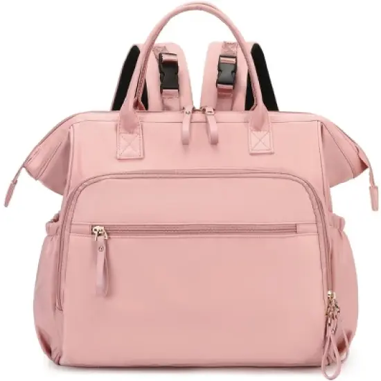 Itopfox Convertible Diaper Bag Tote with 14 Pockets, Water-resistant Nylon, Stroller Buckle, Wide Open Top (Pink, Large) image {9}
