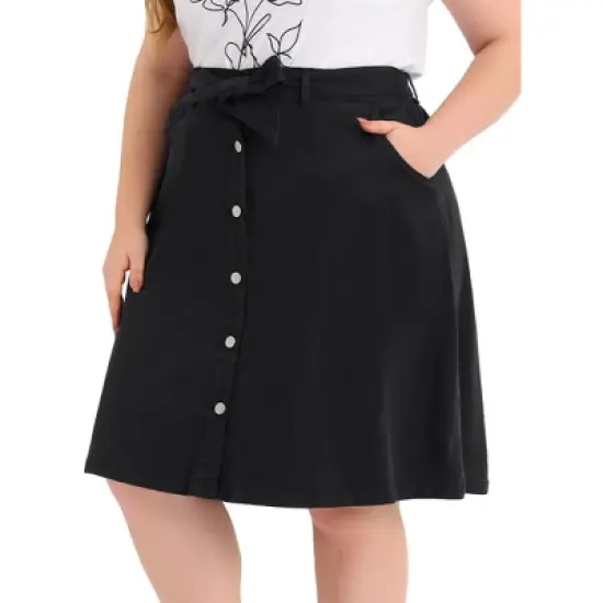 Agnes Orinda Women's Plus Size Denim Tie Waist Button Front A-Line Midi Skirts image {11}
