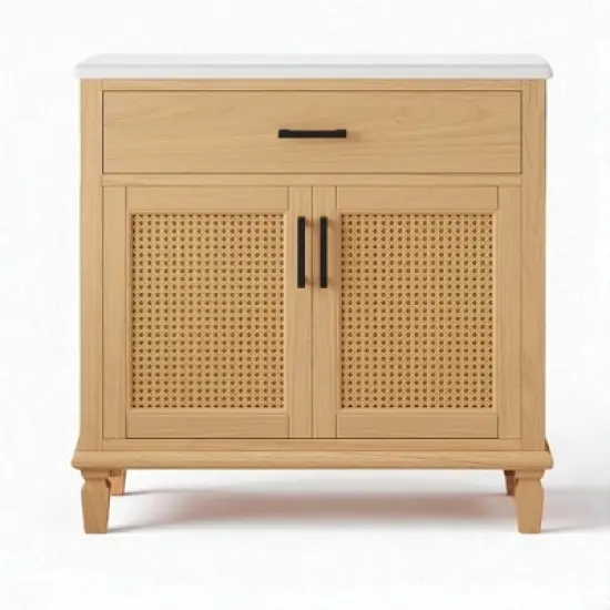 36" Rattan Bathroom Vanity with Ceramic Sink, Soft-Close Drawers & Solid Fir Legs,4" Faucet Compatible, Freestanding Vanity image {2}