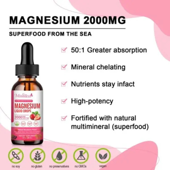 Mulittea High Potency Magnesium Glycinate Liquid Drops - Promotes Relaxation, Muscle, Sleep - 60ml (Strawberry Flavor) image {5}