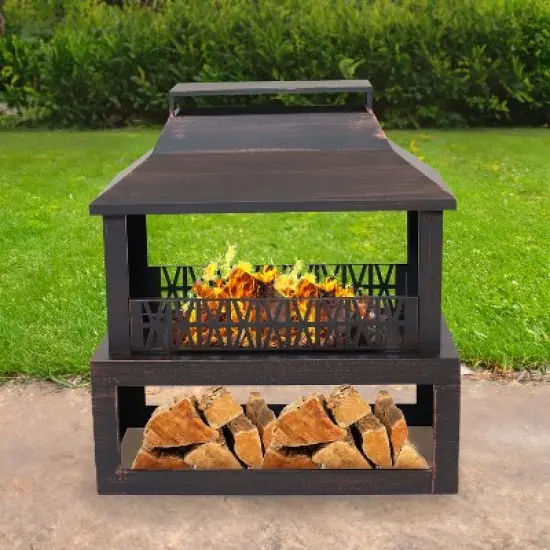 Sunnydaze Backyard Blaze Heavy-Duty Steel Outdoor Fireplace - Built-In Log Storage and Protective Cover - 35-Inch H - Brushed Bronze image {5}