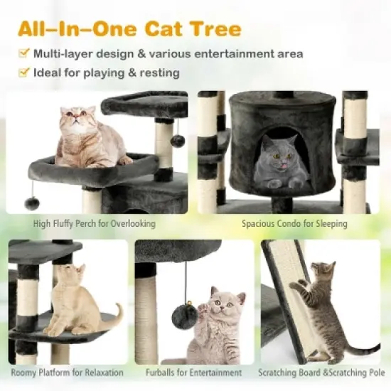 Costway 67'' Multi-Level Cat Tree w/ Cozy Perches Kittens Play House Dark Grey/Light Grey image {3}