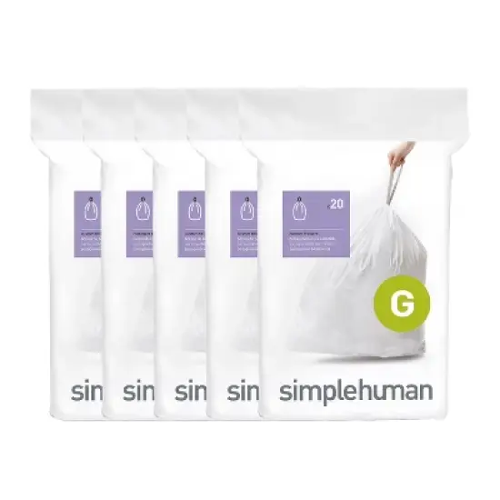 simplehuman 30L Code G Custom Fit Kitchen Trash Bag Liners 5 Quick-Dispense Packs - 100ct: 30 Liter Drawstring White Bags image {4}