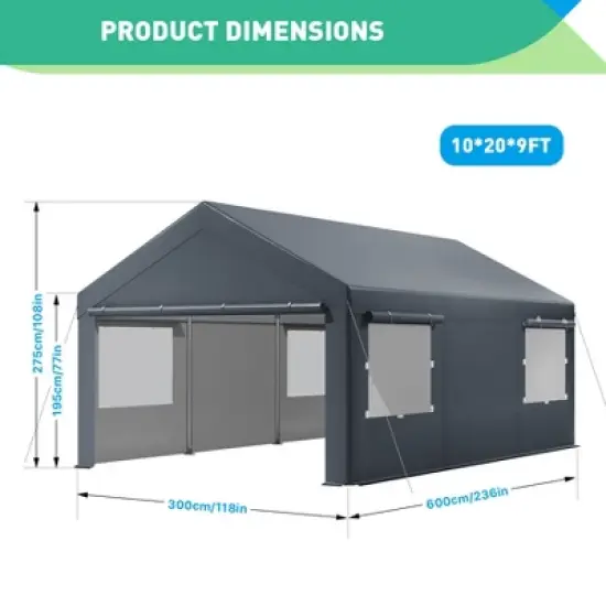 Carport, Car Canopy, Portable Garage, Easy to Assemble, Carport Canopy 10x20FT Heavy Duty for Car, Bike, Boat, Party image {4}