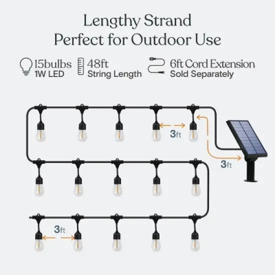 Brightech 15-Bulb LED Ambience Pro Hanging Solar 1W 48ft 2700K S14 Outdoor String Lights Clear Bulb Black Wire image {4}