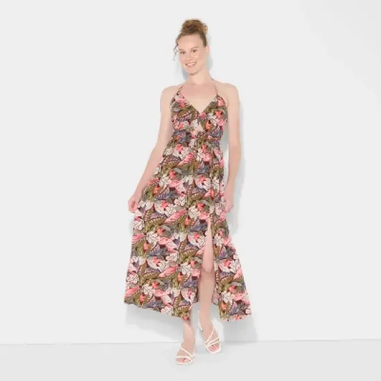 Women's Ruched Maxi Halter A-Line Dress - Wild Fable&trade; Assorted Pinks Floral image {1}