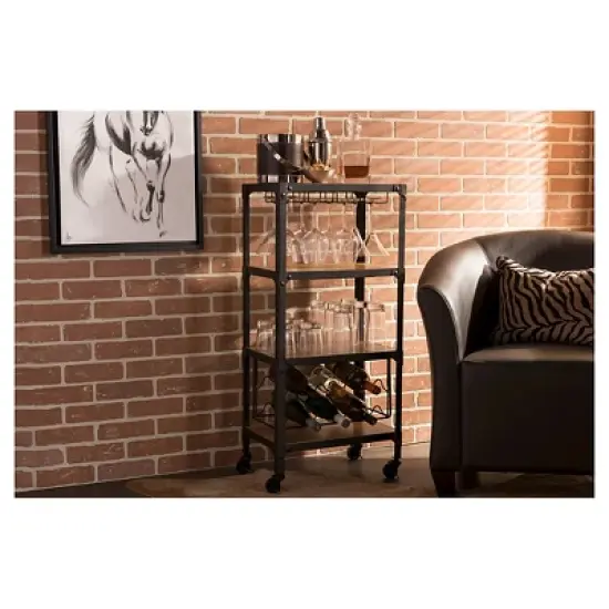 Swanson Rustic Industrial Style Antique Black & Metal Distressed Wood Mobile Kitchen Bar Wine Storage Shelf - Baxton Studio image {3}