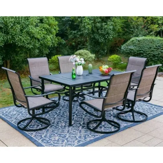 7pc Outdoor Dining Set with Padded Swivel Chairs & Metal Rectangle Table with Umbrella Hole - Gray - Captiva Hole image {1}