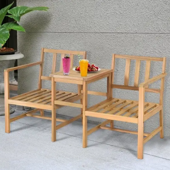 Costway 3 in 1  Patio Table Chairs Set Solid Wood Garden Furniture image {4}