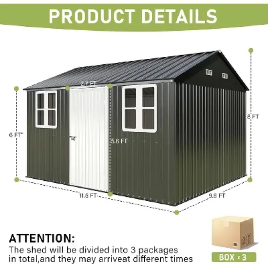 AMERLIFE 12x10.3x8.1 FT Galvanized Steel Outdoor Storage Shed image {6}