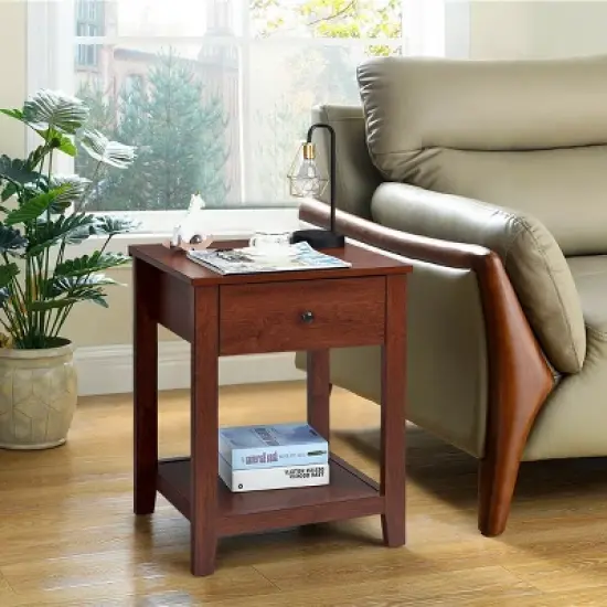 Costway Night Stand End Side Table Bedside Accent Table with Drawer and Storage Shelf image {2}