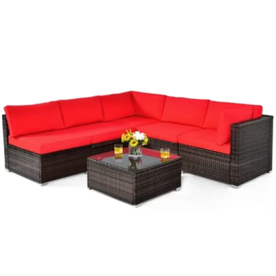 Tangkula 6PCS Wicker Patio Sectional Conversation Furniture Set with Coffee Table & Seat Cushions Navy/Black/Turquoise/Red image {10}