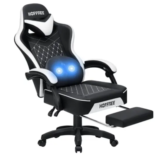 Hoffree Leather Massage Gaming Chair Ergonomic Office PC Chair with Footrest & Adjustable image {11}