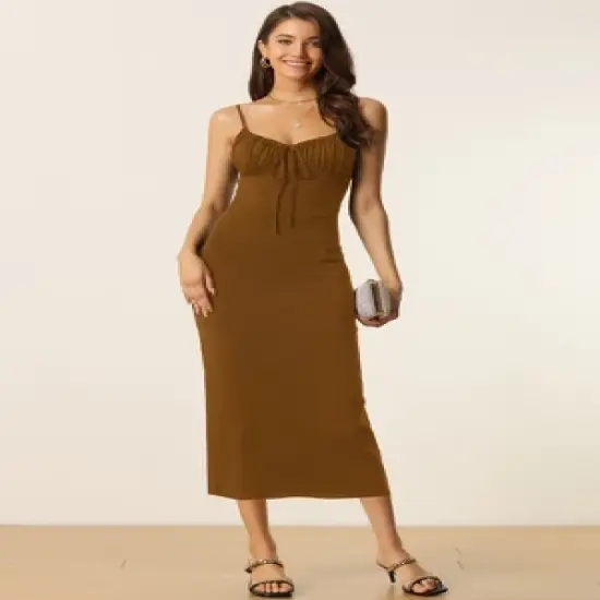 Seta T Women's Summer Sleeveless Drawstring V Neck Spaghetti Strap Bodycon Midi Cami Dresses image {2}