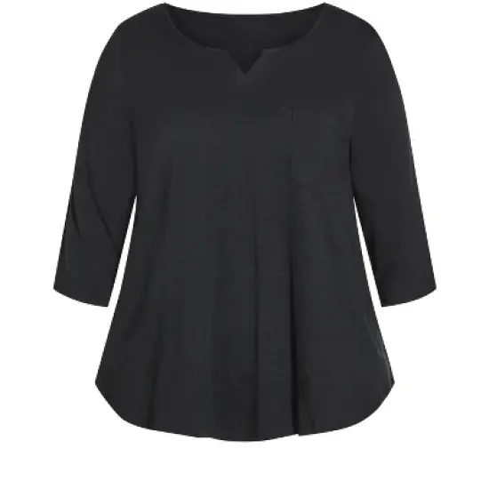 Women's Plus Size Notch Neck 3/4 Sleeve Plain Tee - black | AVENUE image {2}