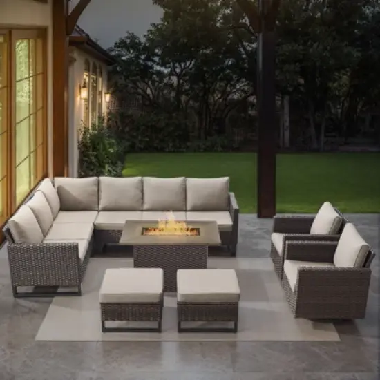 POCASSY 8 Piece Outdoor Sectional Patio Furniture Set, All Weather Brown Wicker Outdoor Furniture Set with Swivel Chair and 41" Propane Fire Pit image {15}