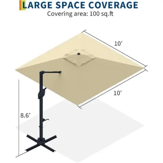 10' x 10' Extra Large Square Cantilever Umbrella - UV Protection, Adjustable Tilt, Sturdy Base, Easy Assembly, and Weather-Resistant Fabric. image {2}