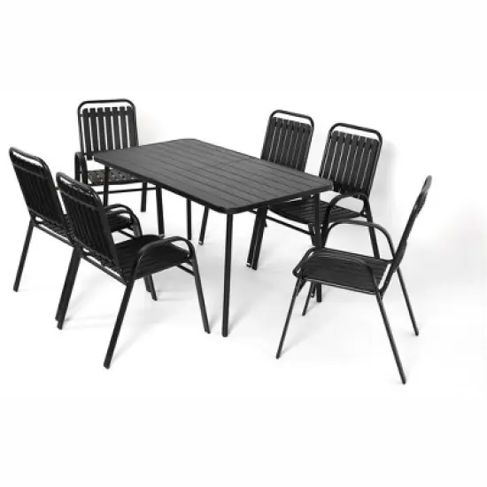 ELJGET 7 Piece Outdoor Dining Table Set for 6, Metal Dining Table with 6 Plastic Chairs for Patio, Deck, Yard image {3}