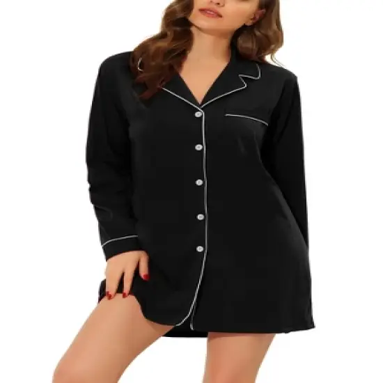 cheibear Women's Long Sleeve Button Down Lounge Dress Nightshirt Sleepwear image {5}